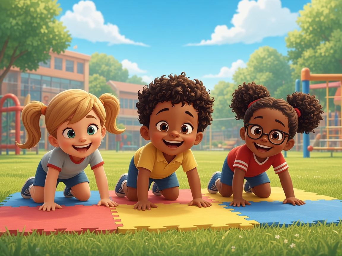 Three smiling preschool children doing bear crawls on colourful mats on a sunny school field
