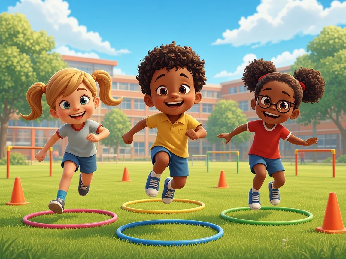 Preschool children jumping through hula hoops